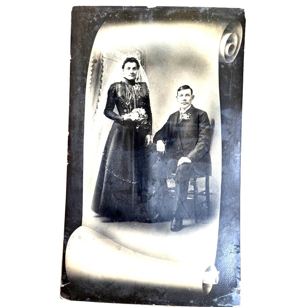 Antique Victorian Scroll-Style Wedding Photo Print Black Dress